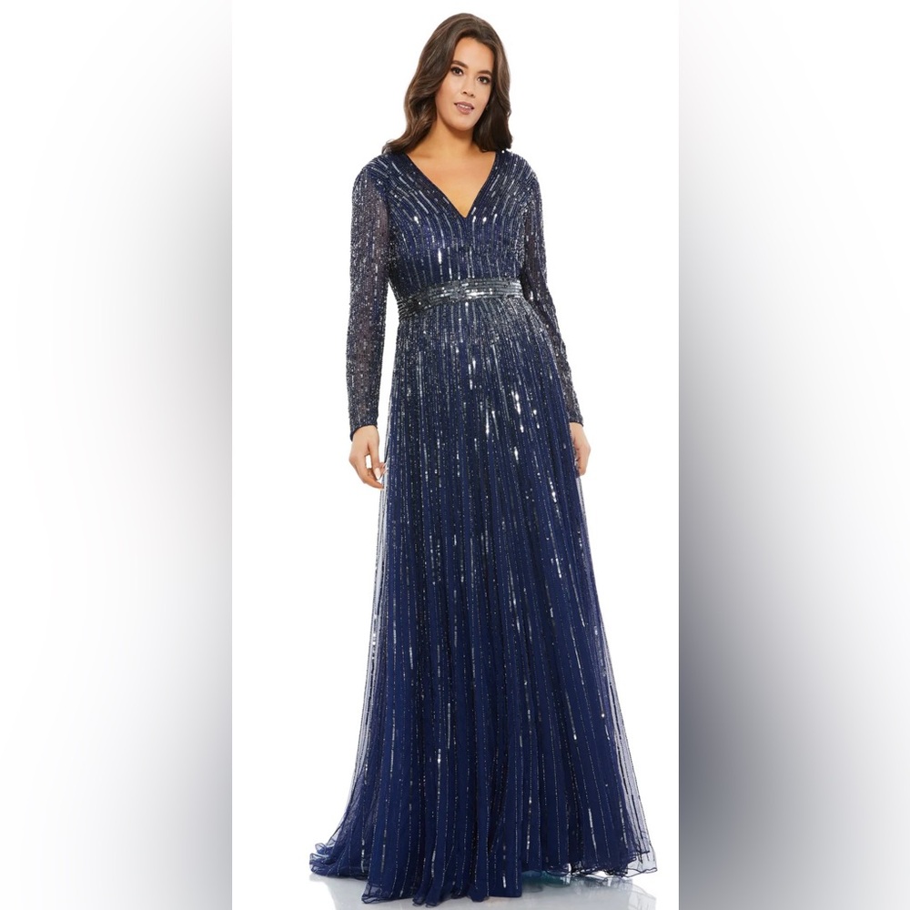 Mac Duggal Blue and Silver Sequin Gown with Bishop Sleeves SZ 24W
